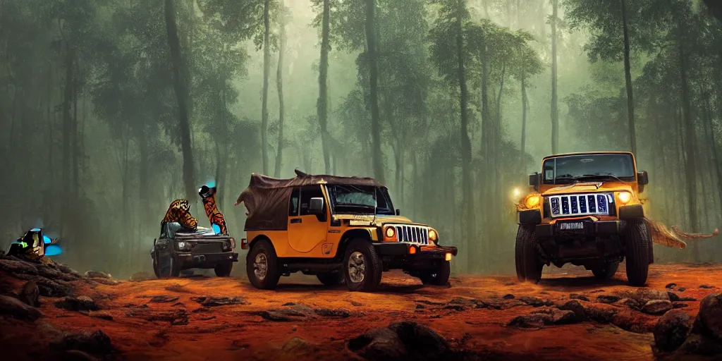 Image similar to Mahindra thar, in kerala forest, tigers and lions chasing, action scene, an epic fantasy, dramatic lighting, cinematic, establishing shot, extremely high detail, photorealistic, cinematic lighting, matte painting, artstation, by simon stalenhag, horizon forbideen west