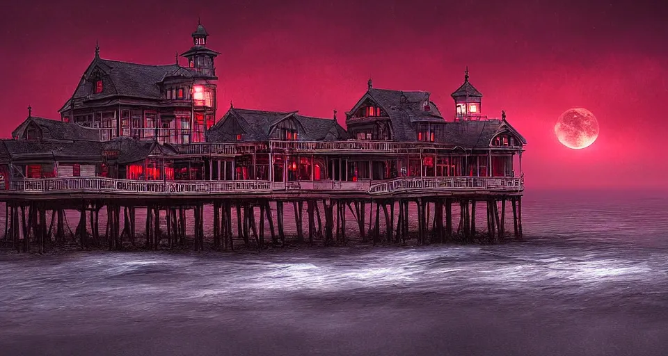 Prompt: seaside victorian building bathed in crimson light, night, dark, moon in the sky by Cédric Peyravernay