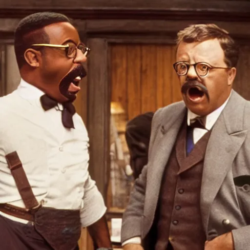 Prompt: cinematic shot of teddy roosevelt and urkel in the bar, yelling at each other