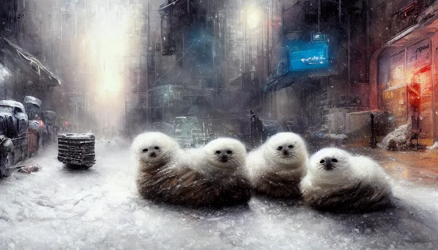 Prompt: highly detailed painting of cute furry white baby seals cuddled up in a cardboard box in a snowy dystopian cyberpunk street by william turner, by greg rutkowski, by william constable, thick brush strokes and visible paint layers, 4 k resolution, retrowave colour scheme