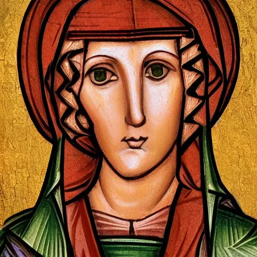 Prompt: beautiful redhead woman, byzantine art, closeup