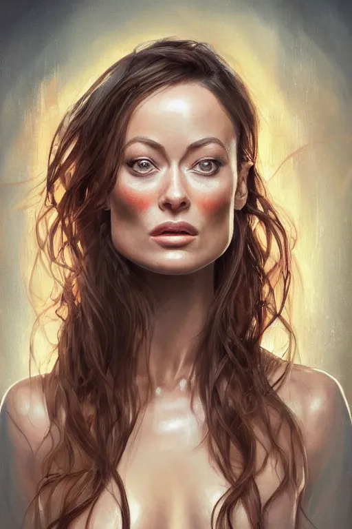 Image similar to a professionally painted portrait of Olivia Wilde, clothed in flames, olive skin, long dark hair, beautiful bone structure, symmetrical facial features, intricate, elegant, digital painting, trending on Artstation, concept art, smooth, sharp focus, illustration, from Metal Gear by Ruan Jia and Mandy Jurgens and Artgerm and William-Adolphe Bouguerea, award winning