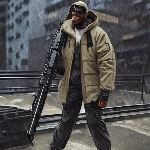 Image similar to A broad shouldered, muscular man wearing Acronym p-31 Ds pants and beige-earth Parka jacket and Nike Acronym presto sneakers, AWP sniper rifle slinging on back trending on r/techwearclothing, high quality, digital art, dirty cyberpunk city, rain, greg rutkowski