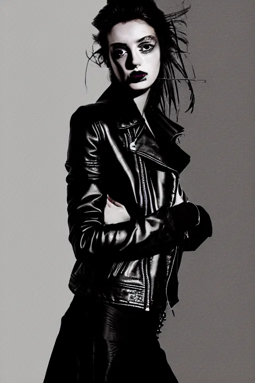 Image similar to dreamy rock girl, black leather jacket, detailed acrylic, grunge, perfect lighting. professional design. great composition, illustration by alberto giacometti, peter lindbergh, 8 k