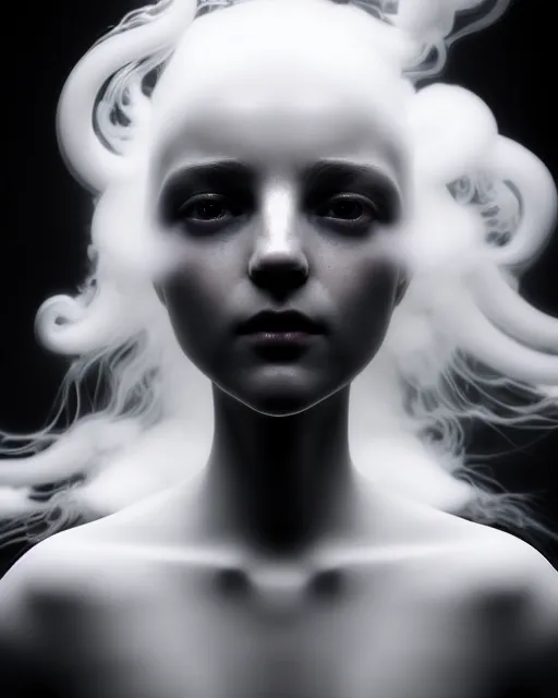 Image similar to monochrome, delicate, dreamy, feminine, subsurface scattering, white, young beautiful robot - cyborg in cosmos long white hair floating in air, fluid smoke art, black and white, octane render, dino valls, mark ryden, joe fenton, michal karcz, highly detailed, rim light, art, cinematic lighting, hyper realism, 8 k