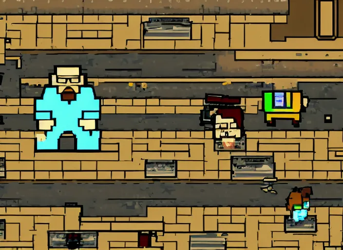 Image similar to walter white in undertale, videogame screenshot, very pixelated, distant shot