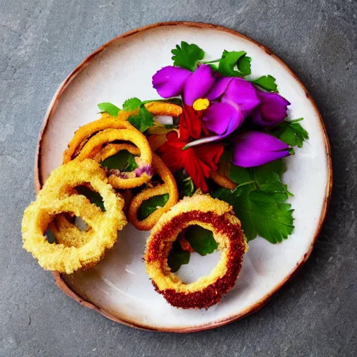 Image similar to Onion rings served with edible flowers, recipe photograph