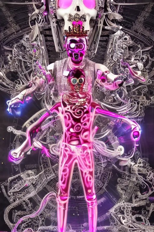 Image similar to full-body rococo and cyberpunk style neon statue of a young attractive mexicano macho chacal android reclining sim roupa con camote, glowing white laser eyes, prince crown of pink gears, diamonds, swirling silver-colored silk fabric. futuristic elements. full-length view. space robots. human skulls. intricate artwork by caravaggio. Trending on artstation, octane render, cinematic lighting from the right, hyper realism, octane render, 8k, depth of field, 3D