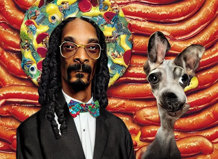 Image similar to snoop dogg inside made of hot dog, lowbrow, matte painting, 3 - d highly detailed, in the style of mark ryden,