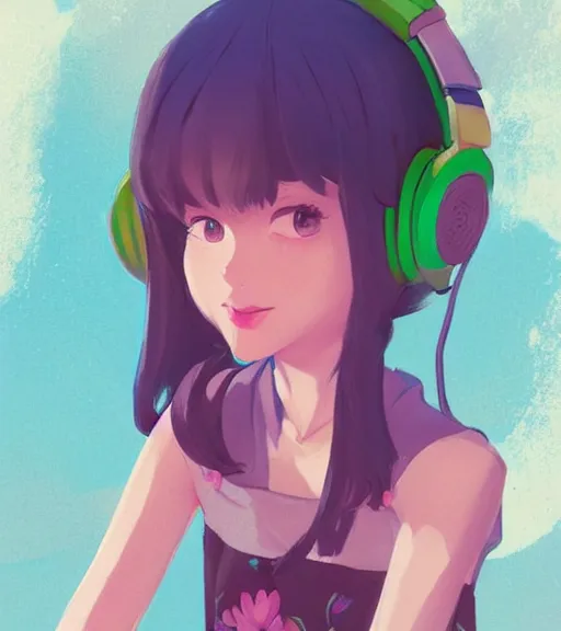 Image similar to beautiful little girl character inspired by 9 0's fashion and by madeline from celeste, art by rossdraws, wlop, ilya kuvshinov, artgem lau, sakimichan and makoto shinkai, concept art, headphones, anatomically correct, very coherent, realistic