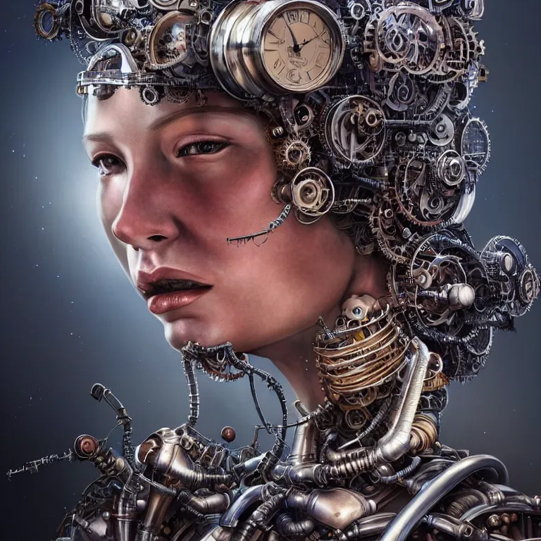 Image similar to hyperrealistic mixed media portrait of a beautiful mechanical steampunk woman, stunning 3d render inspired art by P. Craig Russell and Barry Windsor-Smith + perfect facial symmetry + dim volumetric lighting, 8k octane beautifully detailed render, post-processing, extremely hyperdetailed, intricate futuristic mechanic parts, epic composition, grim yet sparkling atmosphere, cinematic lighting + masterpiece, trending on artstation