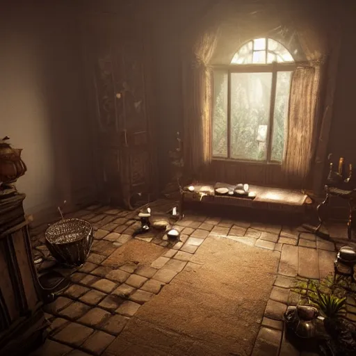 Image similar to room of a dark mansion, objects from ritual in the ground, unreal engine