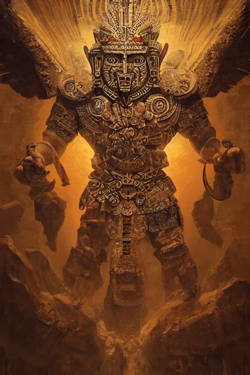 Image similar to aztec god, close - up portrait, powerfull, intricate, elegant, volumetric lighting, scenery, digital painting, highly detailed, artstation, sharp focus, illustration, concept art, ruan jia, steve mccurry