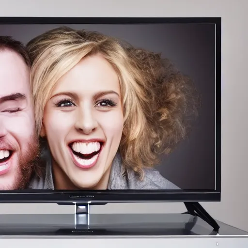 Image similar to TV playing static while grinning, 4k realistic photo