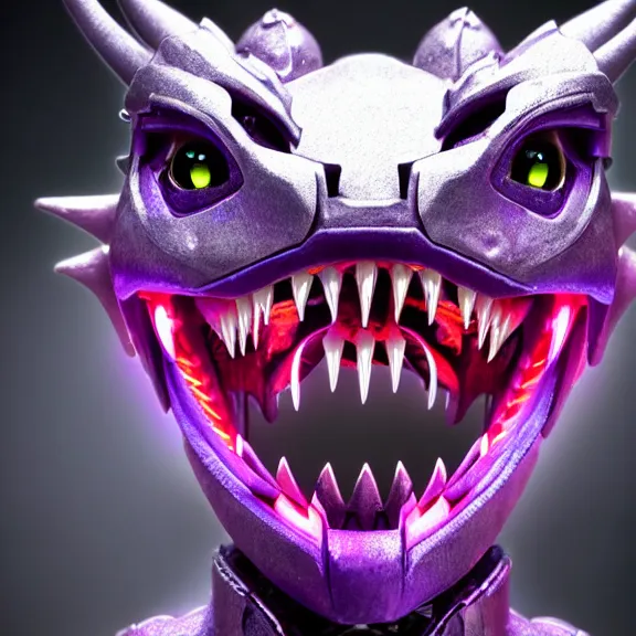 Image similar to high quality close up headshot of a cute beautiful stunning robot anthropomorphic female dragon, with sleek silver armor, purple flesh, glowing LED eyes, facing the camera, high quality maw open and about to eat you, you being dragon food, the open maw being detailed and soft, with purple mawflesh, sharp teeth, soft lulling tongue, highly detailed digital art, furry art, anthro art, sci fi, warframe art, destiny art, high quality, 3D realistic, dragon mawshot, maw art, furry mawshot, macro art, dragon art, Furaffinity, Deviantart