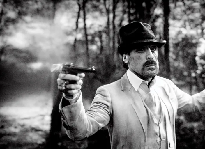 Image similar to an dramatic scene from the movie scarface, medium long shot, costumes from peaky blinders, filmed in the dark woods, a cabin in the background, al pacino and daniel day - lewis, sharp eyes, serious expressions, detailed and symmetric faces, black and white, cinematic, epic,