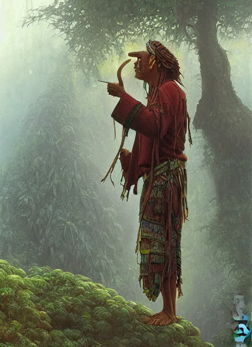 Image similar to a beautiful painting of a shaman in the jungle sniffing tobacco snuff, art by christophe vacher