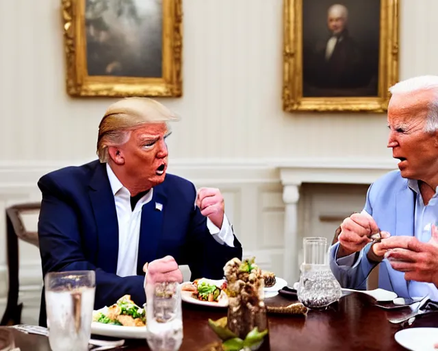 Prompt: Trump and Biden having dinner at a fancy Greek restaurant, award winning cinematic photography, 50 mm, blurred background, trending on twitter