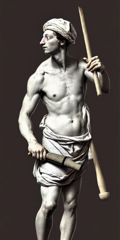 Image similar to a twenty - something michelangelo wearing peasant clothing of the renaissance holds a chisel in one hand and a mallet in the other, in the background a rectangular prism of white marble with gray streaks, photorealistic, hyperdetailed, studio lighting, octane render, caustics