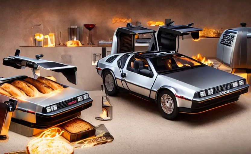 Image similar to a time-traveling delorean styled toaster with toast, bread inserted into slot, glowing heating coils, stainless steel, professional product shot, magazine ad