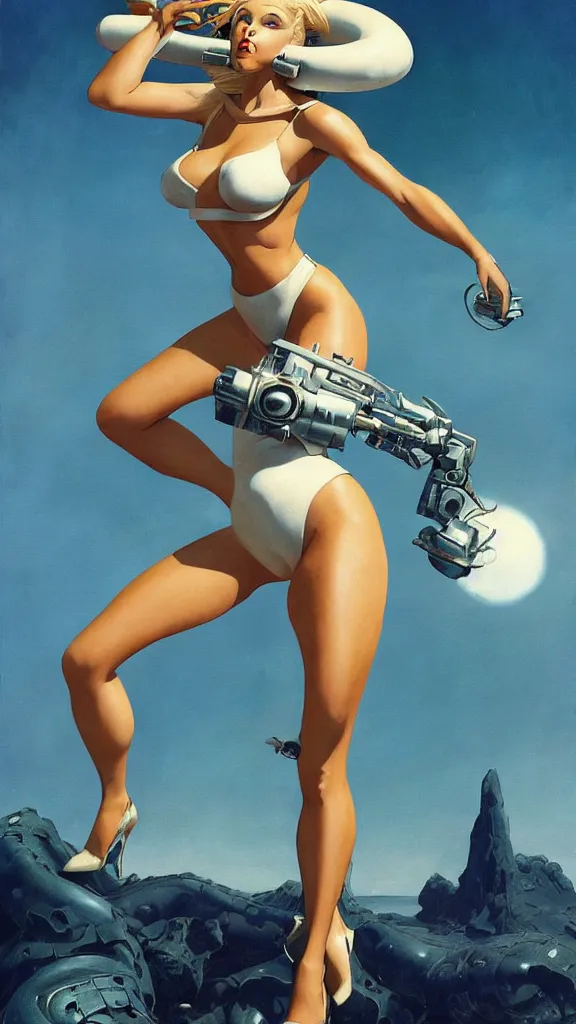 Image similar to A mixed media portrait painting of a beautiful blonde brunette woman exploring an alien planet, very curvy, aesthetic! high-waisted white-bikini-armor and boots, holding raygun, aesthetic symmetrical face and eyes, model, Scandinavian, wet, discarded mechsuit in background, by Frank Frazetta, Boris Vallejo, Beeple, Greg Rutkowski, Christian MacNevin, eighties-pinup style, epic fantasy character art, high fantasy, CGsociety, exquisite detail, post-processing, masterpiece, cinematic