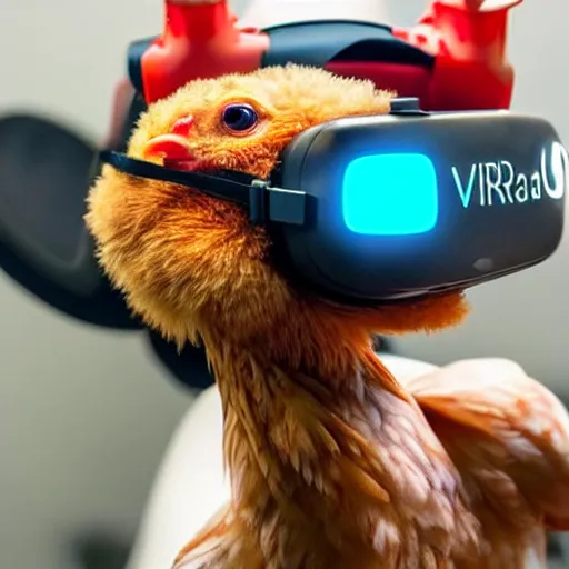 Image similar to a photo of a chicken wearing a chicken-sized VR headset over its head