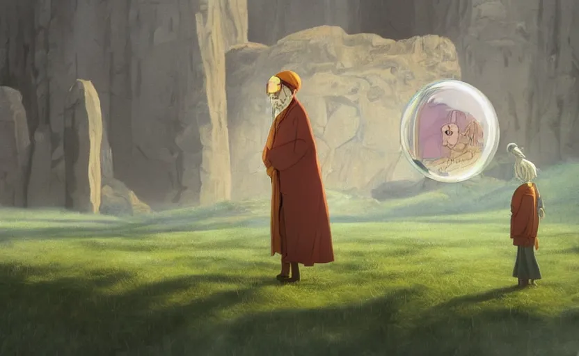 Image similar to a scary hyperrealist painting of a guru in a giant transparent bubble from howl's moving castle ( 2 0 0 4 ) in a flooded monument valley stonehenge jungle. depth perception, 4 k, artstation, in the style of studio ghibli