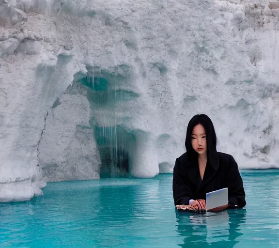 Prompt: Lee Jin-Eun hacking a laptop at Pamukkale, thermal waters flowing down white travertine terraces by Martine Johanna, rule of thirds, seductive look, beautiful