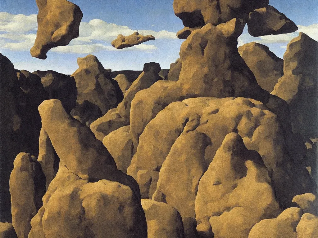 Image similar to The sentient rocks are taking revenge. long, long shadows over the man. Surreal everything: tooth an nail. Painting by Zurbaran, Rene Magritte, Jean Delville, Max Ernst, Maria Sybilla Merian