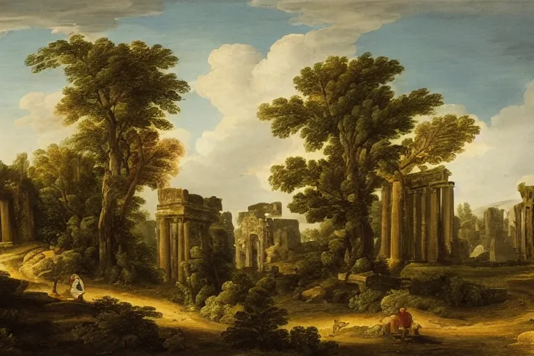 Image similar to beautiful arcadian landscape of a forested valley, ancient ruins in the distance by giovanni paolo pannini