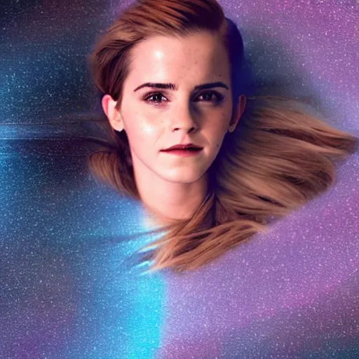 Image similar to emma watson floating in a beam of blue light underneath a silver flying saucer at night,