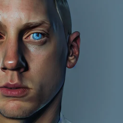 Image similar to a selfie of eminem by jason de graaf, pedro campos and denis peterson. intricate, detailed, complex, fractal, hd, 4 k, realism, hyperrealistic painting, appgamekit, art of illusion, artrift, cryengine, finalrender, rendered in blender, shadow depth, sketchfab, sketchlab, substance designer, vray, unreal engine