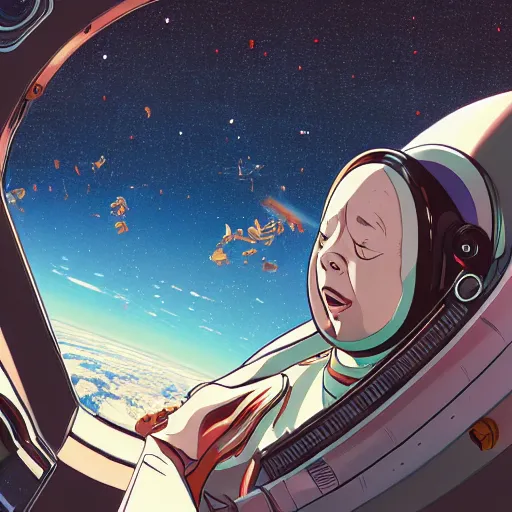 Prompt: frustrated overweight astronaut trying to swat a fly in the cockpit of his ship, anime art style, digital artwork made by ilya kuvshinov, inspired in balthus, hd, 4 k, hyper detailed