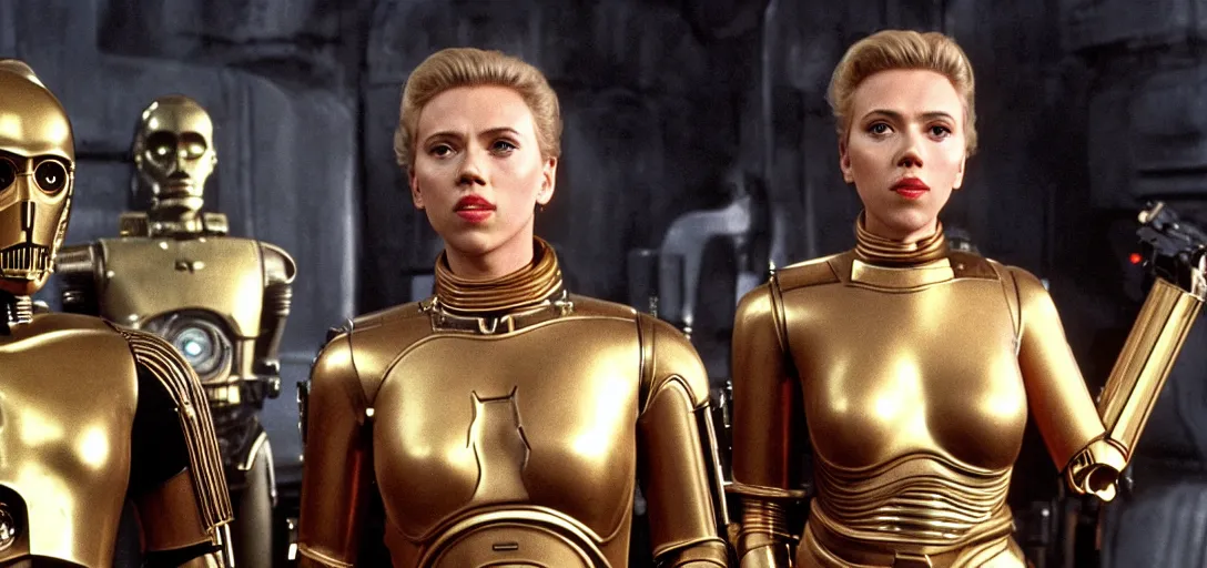 Image similar to a still of Scarlett Johansson next to C3PO in return of the jedi (1983)