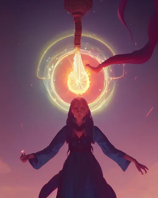 Image similar to highly detailed vfx portrait of a mage casting a time spell, unreal engine, greg rutkowski, loish, rhads, beeple, makoto shinkai and lois van baarle, ilya kuvshinov, rossdraws, tom bagshaw, alphonse mucha, global illumination, detailed and intricate environment