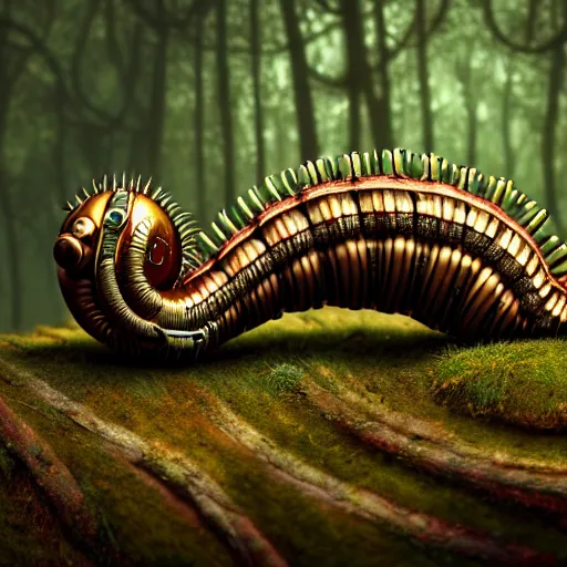 Image similar to Colour Caravaggio style photography of steampunk caterpillar in the forest, higly detailed caterpillar designed by Josan Gonzalez, many details, In style of Josan Gonzalez and Mike Winkelmann andgreg rutkowski and alphonse muchaand Caspar David Friedrich and Stephen Hickman and James Gurney and Hiromasa Ogura. Rendered in Blender, volumetric natural light