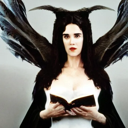 Prompt: young innocent jennifer connelly as youthful alien bird - woman, dark fae, modestly dressed, reading in library, gray skin, huge wings, black feathers instead of hair, black feathers growing out of skin, bumpy skin, black feathers growing out of face, black hands with black claws, comic book, giger, mucha, trending on artstation