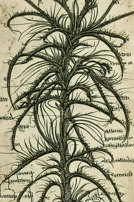 Image similar to alien plant, detailed sketch of a medieval botanical manual, ancient looking, alien language description