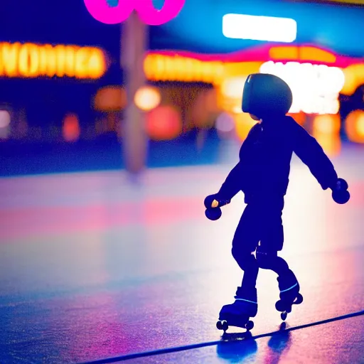 Image similar to a roller skater in a cinematic closeup. in santa monica at blue hour. canon eos c 3 0 0, ƒ 1. 8, 3 5 mm. 8 k. medium - format print. inspired by roger deakins cinematography