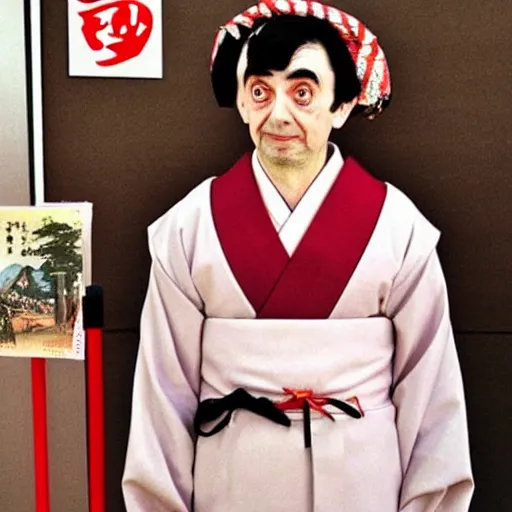 Prompt: mr bean dressed as a traditional japanese woman