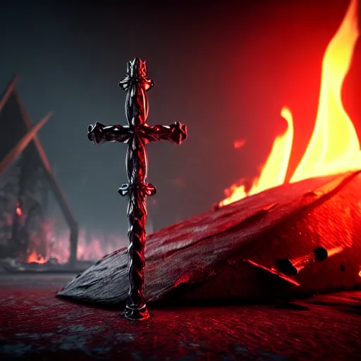 Image similar to full shot of dagger with cross and burning background, end of the world, fire, appocalypse, devastation, suffering, horror, dark, unsettling, photorealistic, fluid dynamics, realistic octane render, hyperreal