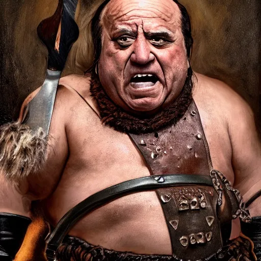 Prompt: danny devito as angry barbarian warrior, full body, holding club, frank reynolds, legendary warrior, leather straps, tattoos, piercings, fur and leather armor, beautiful, sharp detail, photo realism, robin eley, oil painting, fantasy