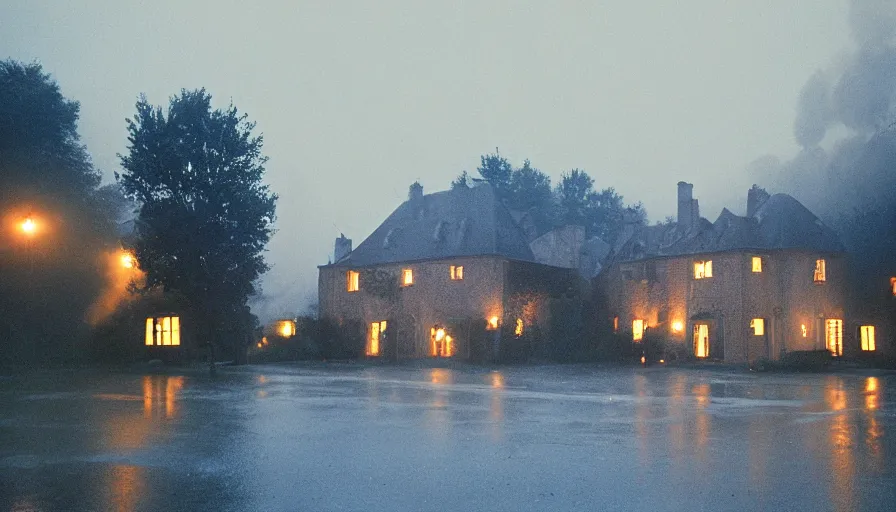 Image similar to 1 9 7 0 s movie still of a heavy burning french style manor in a small french village by night, rainy, foggy, cinestill 8 0 0 t 3 5 mm, heavy grain, high quality, high detail, dramatic light, anamorphic, flares