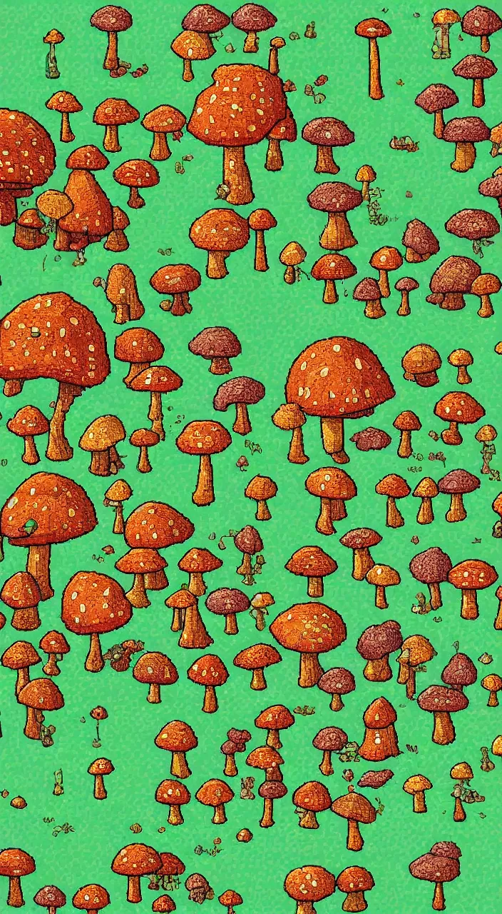 Prompt: a fantasy world with big mushrooms in pixelart style