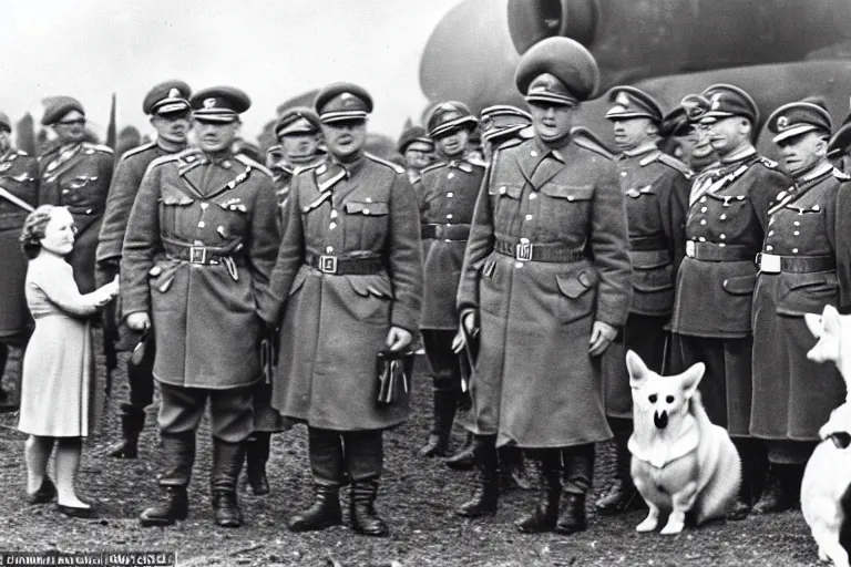 Image similar to ultra wide 1 9 4 6 historical far away photo the german generals surrendering to young queen elizabeth, her corgis are nearby highly detailed