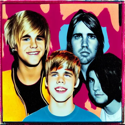 Prompt: professional photo of Nirvana rehearsing with pop art Justin Bieber portrait on the wall, highly detailed, 8k, polaroid