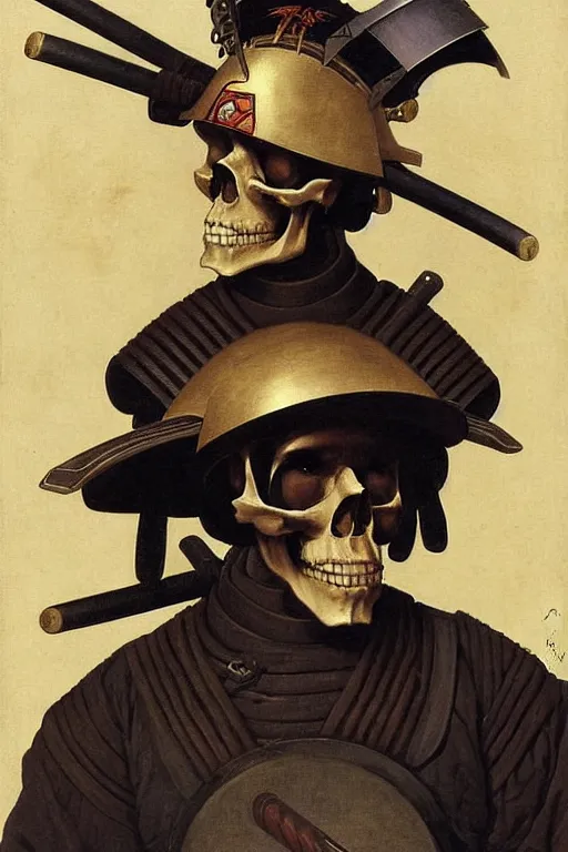 Image similar to portrait of a skull man japanse samurai astronaut with samurai helmets, by bouguereau