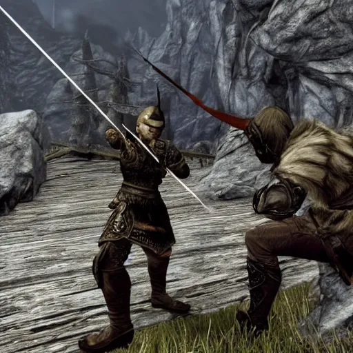 Prompt: a skyrim guard getting shot in the knee with an arrow