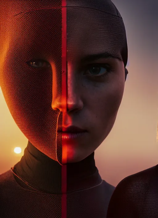 Image similar to cinestill 5 0 d photographic portrait by steve mccurry of two loving female androids wearing rugged black mesh techwear on a desolate plain with a red sky, extreme closeup, cyberpunk style, dust storm, 8 k, hd, high resolution, 3 5 mm, f / 3 2, ultra realistic faces, ex machina