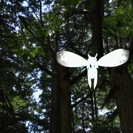 Prompt: a sighting of mothman above the treetops